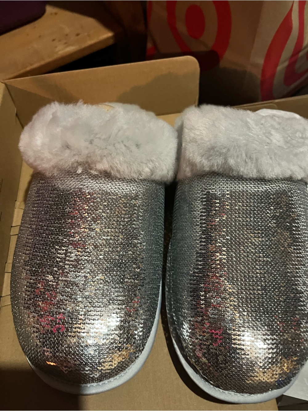 UGG Silver Sequin Faux-Fur Slip-On Slippers 8